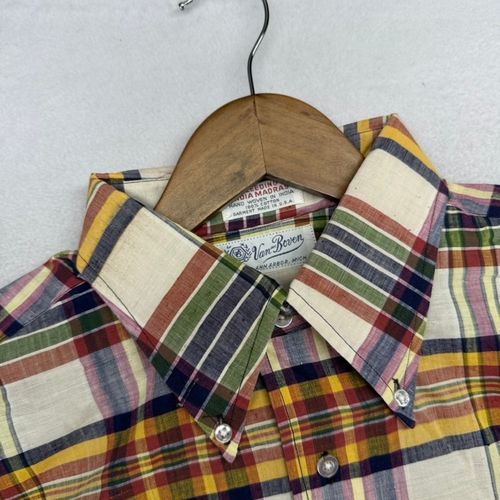 Vintage Van Boven Shirt men's 16 Large Colorful Madras Made In USA Deadstock 70s